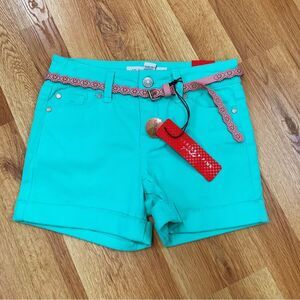 CELEBRITY PINK Girls Turquoise‎ Aqua Cuffed Shorts With Pink Belt Size 10 New